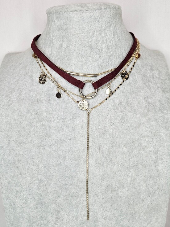 Unsigned Jewelry - NWOT Burgundy Suede Gold Layered Choker Necklace Set Multi Strand 12-16"
